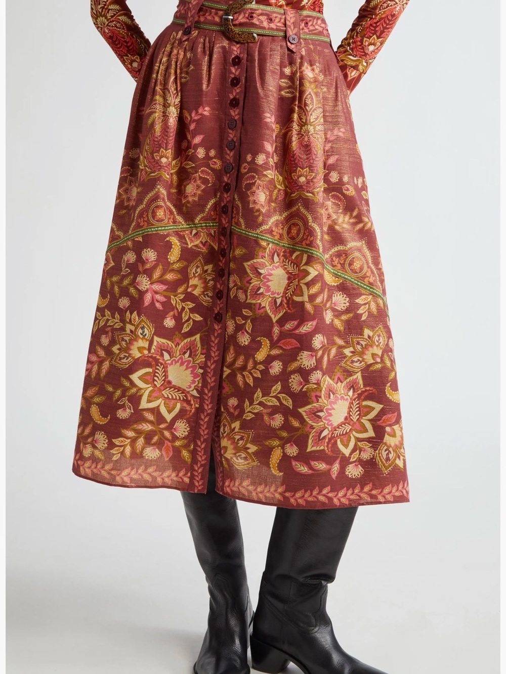 FARM Rio Pineapple Dream Skirt Gold Metallic Threading Belted Button Front
